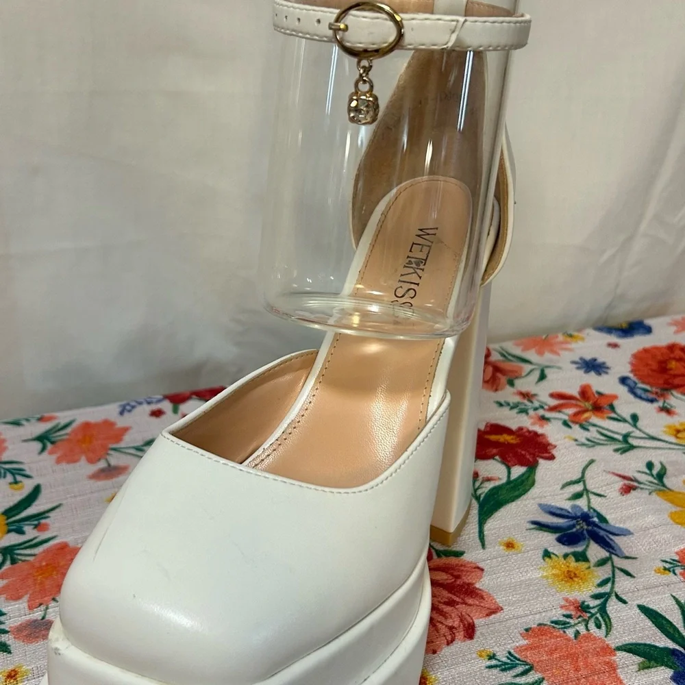 White Platform Heels with Rhinestone Charms - Picture 2 of 6